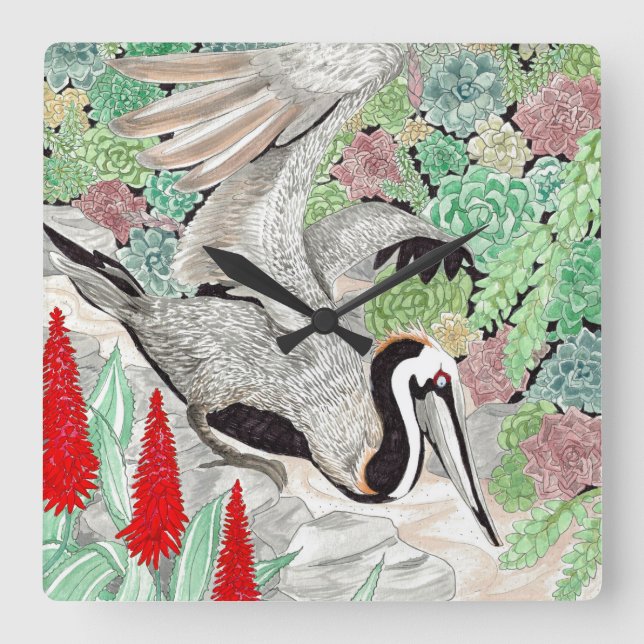 Happy Hollow Pelican Quadratische Wanduhr (Vorderseite)