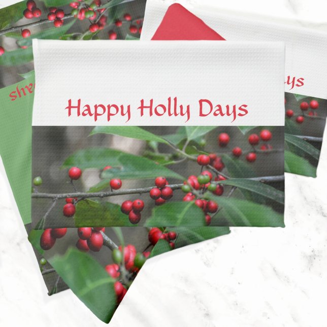Happy Holly Days Red Berries Fotografy Holiday Geschirrtuch (Von Creator hochgeladen)
