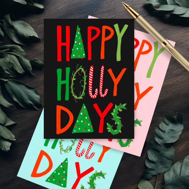 HAPPY HOLLY DAYS Sweet Holiday Xmas Weihnachten Postkarte (Happy Holly Days cute quirky handmade Christmas postcard)