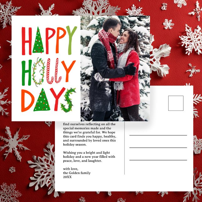 HAPPY HOLLY DAYS Urlaub Weihnachten Weihnachten Postkarte (HAPPY HOLLY DAYS Hand-drawn Cute Holiday Xmas Christmas CUSTOM Photo Postcard
)