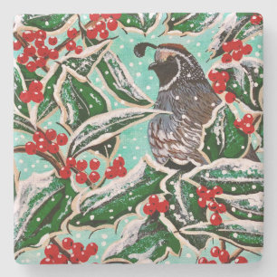 Happy Holly Quail Kalkstein Tile Steinuntersetzer
