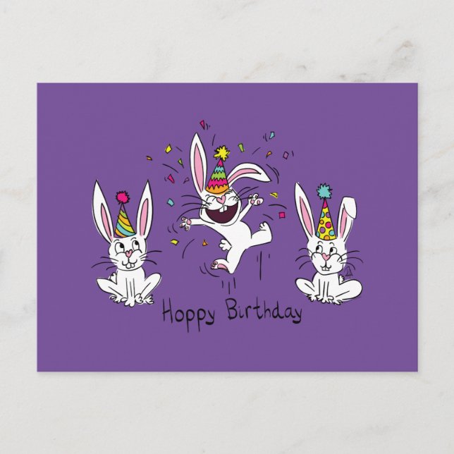 Happy Hoppy Birthday Bunny Rabbits Postcard Postkarte (Vorderseite)