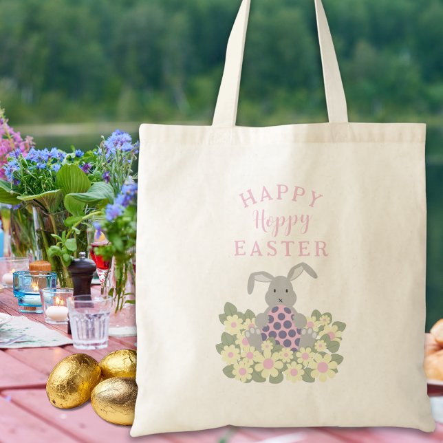 Happy Hoppy Oaster Niedlich Bunny Floral Tragetasche (Happy hoppy easter egg hunt cute bunny spring daisy floral pink tote bag)