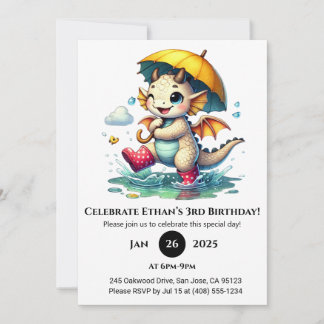 Happy Horned Baby Dragon in Rain Geburtstag Einladung