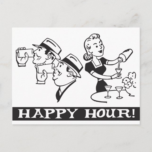 Happy Hour Einladung mit lustigem Retro (Vorderseite)