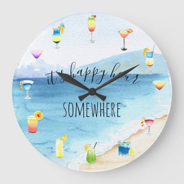 Happy Hour Irgendwo tropischer Cocktail Wasserfarb Große Wanduhr (Vorderseite)