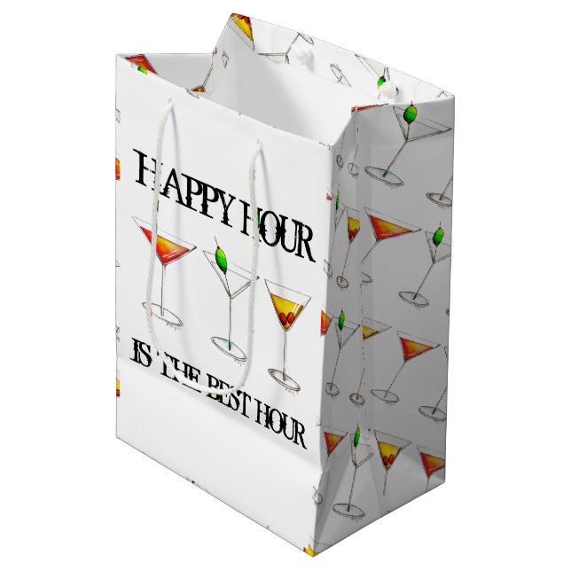 Happy Hour ist der beste Stunden-Drink-Cocktail Mittlere Geschenktüte (Vorderseite Schrägansicht)