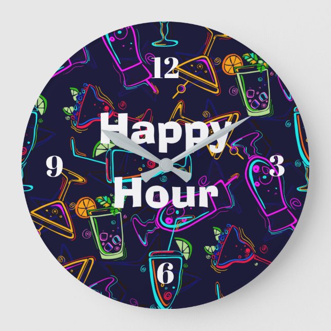 Happy Hour Neon Cocktails Große Wanduhr (Vorderseite)