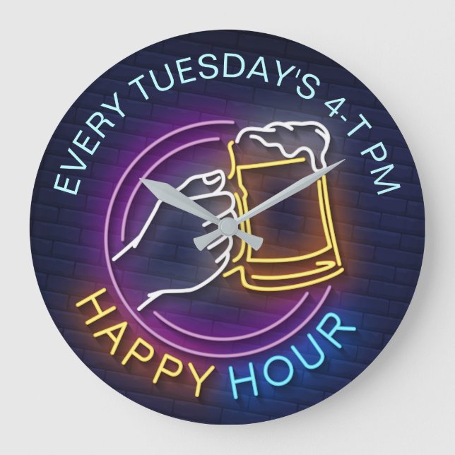 Happy Hour Neon Signs Style Text Beer Stain Große Wanduhr (Vorderseite)