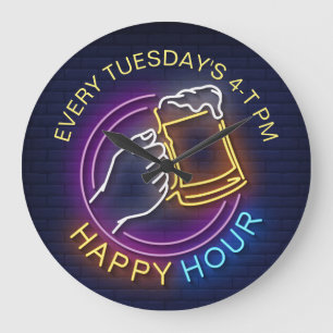 Happy Hour Neon Signs Style Text Beer Stain Große Wanduhr