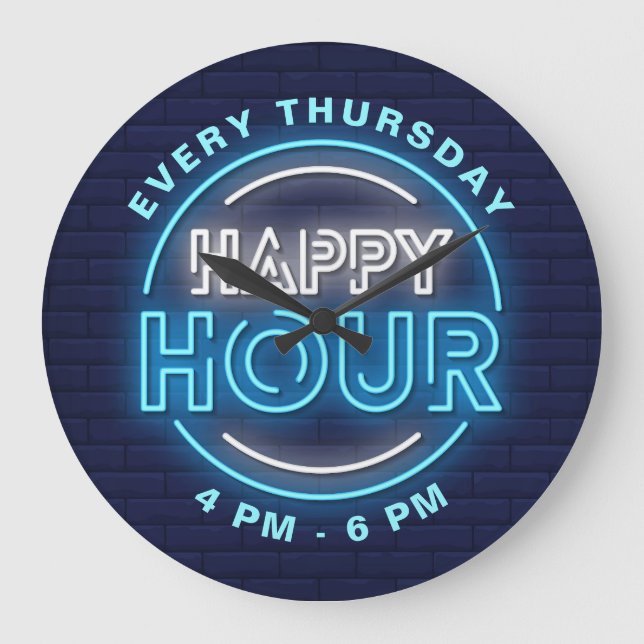 Happy Hour Neon Signs Style Text Große Wanduhr (Vorderseite)