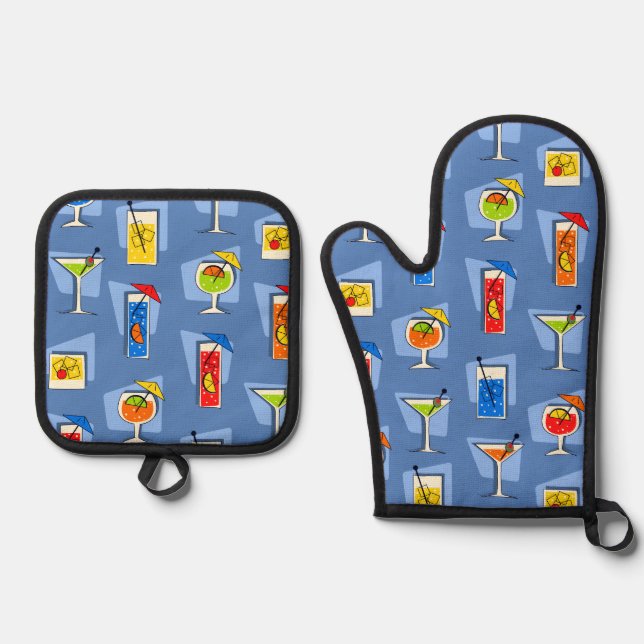 Happy Hour Retro Hawaiian Tropical Drinks Blau Ofenhandschuh & Topflappen-Set (Vorderseite)