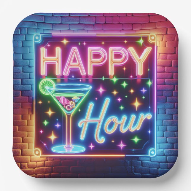 Happy Hour Sign On Rainbow Brick Pappteller (Vorderseite)