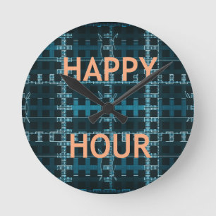 Happy Hour Text Blau Vektor Kunst Druck Runde Wanduhr