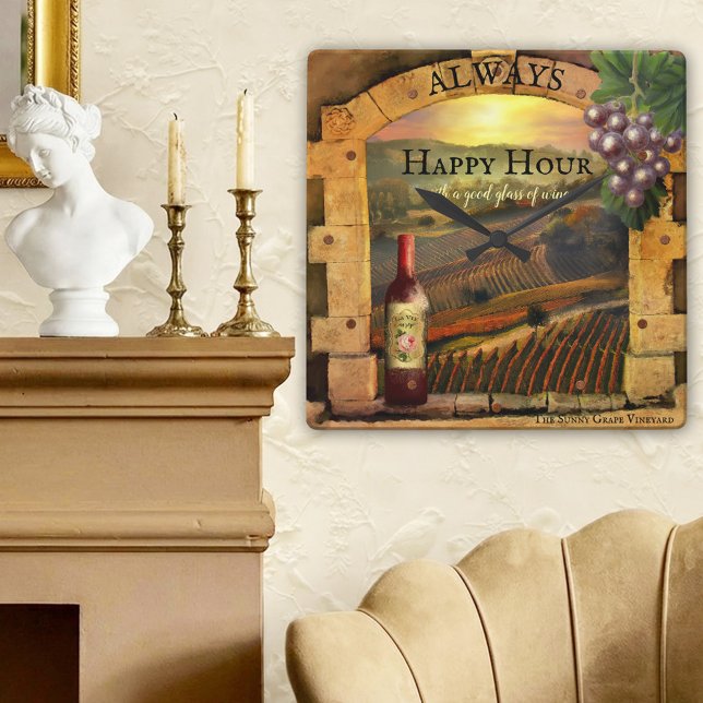 Happy Hour Weinroute Mendrisiotto Quadratische Wanduhr (Clock featuring a fine art painting of a sunset over a vineyard with a Roman arch with grapes)