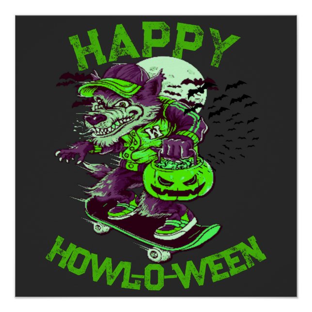 Happy Howl-o-ween Wolf Reiten auf Skateboard Poster (Vorderseite)