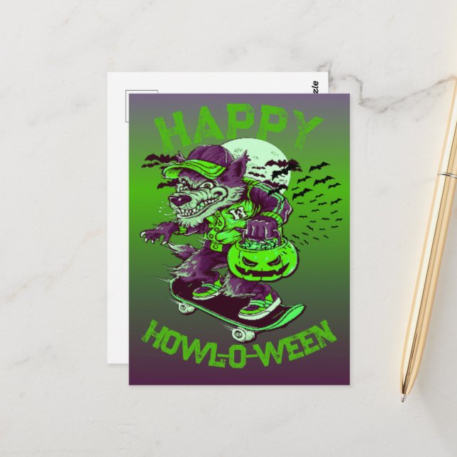 Happy Howl-o-ween Wolf Reiten auf Skateboard Postkarte (Vorderseite/Rückseite Beispiel)
