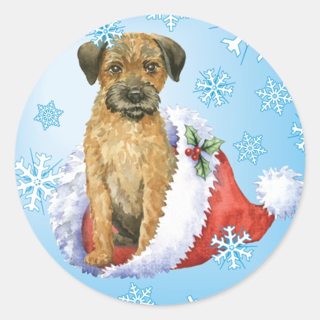 Happy Howliday Border Terrier Runder Aufkleber (Vorderseite)