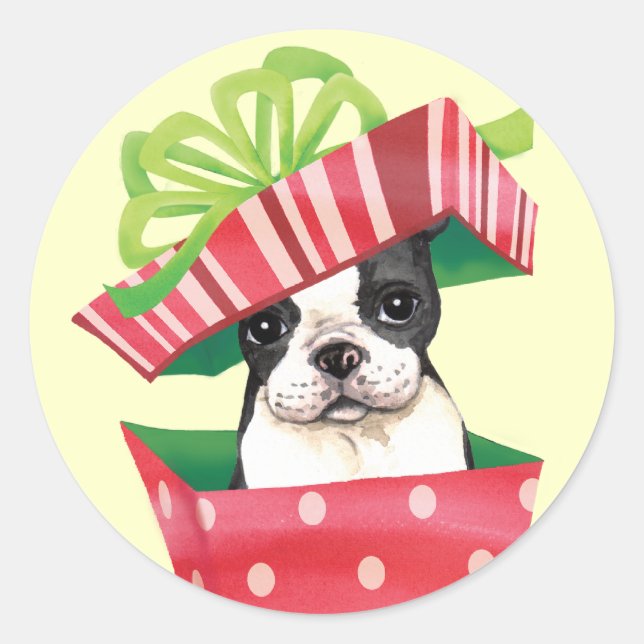 Happy Howliday Boston Terrier Runder Aufkleber (Vorderseite)