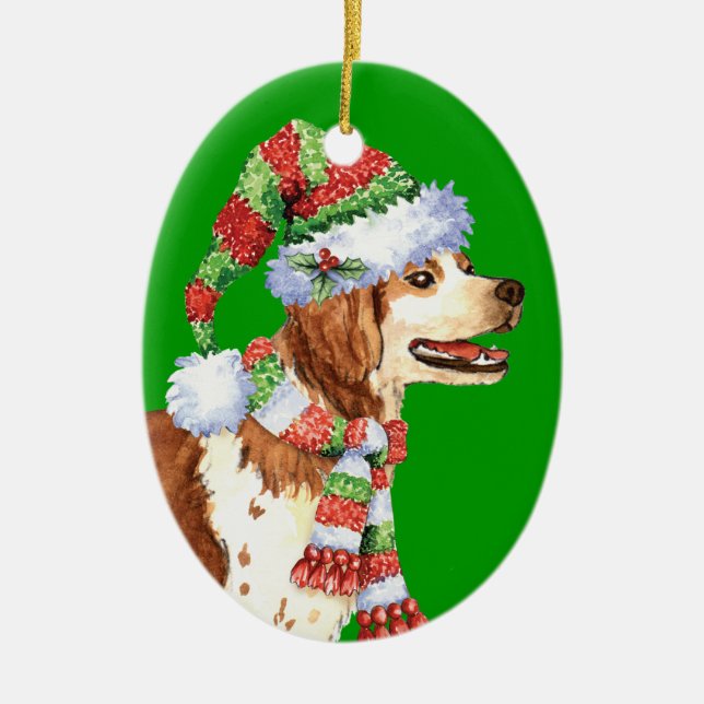 Happy Howliday Brittany Keramik Ornament (Vorne)