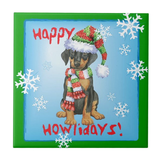 Happy Howliday Doberman Fliese (Vorderseite)