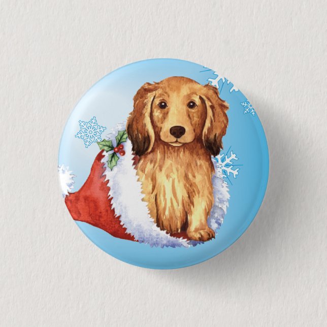 Happy Howliday Langhaarige Dackel Button (Vorderseite)
