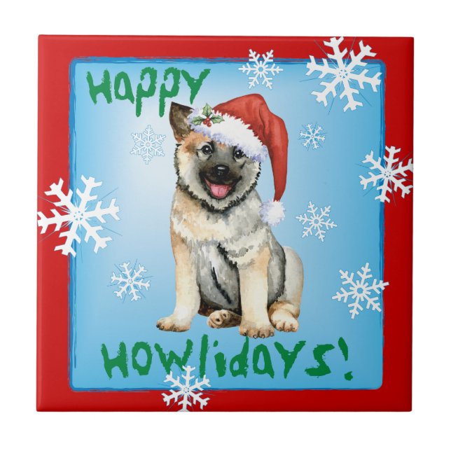Happy Howliday Norwegische Elkhound Keramik Tile Fliese (Vorderseite)