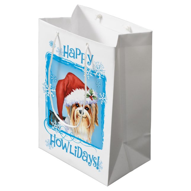 Happy Howlidays Biewer Terrier Medium Geschenktasc Mittlere Geschenktüte (Vorderseite Schrägansicht)