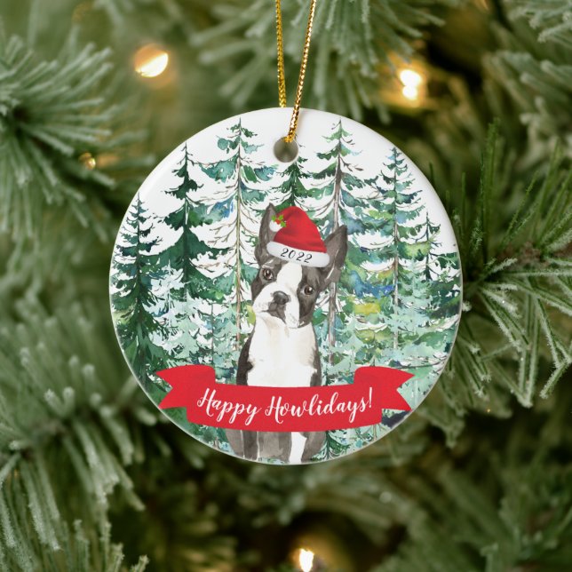 Happy Howlidays Boston Terrier Dog Christmas Ornam Keramik Ornament (Baum)