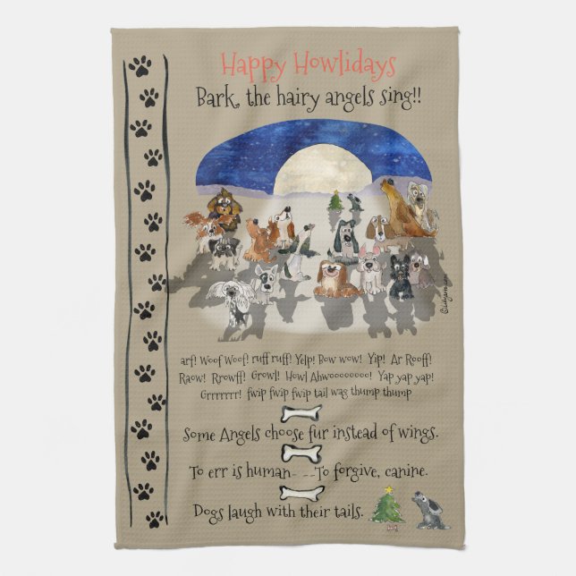 Happy Howlidays Cartoon Dogs Holiday Quotes Geschirrtuch (Vertikal)