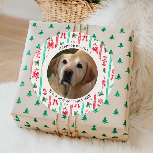 Happy Howlidays Dog Foto Weihnachten Runder Aufkleber (Happy Howlidays Dog Photo Christmas Classic Round Sticker)
