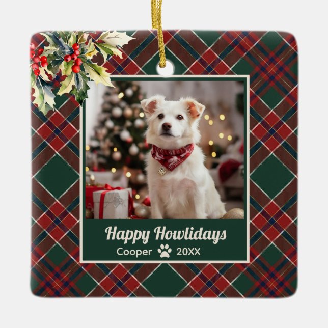 Happy Howlidays Dog Green Red Kariert Weihnachten Keramikornament (Vorderseite)