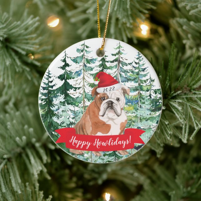 Happy Howlidays English Bulldog Dog Christmas Orna Keramik Ornament (Baum)
