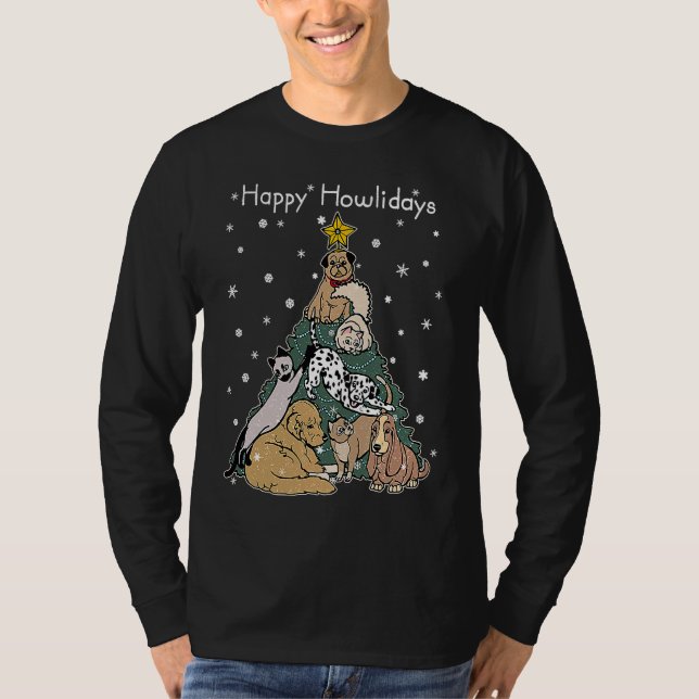Happy Howlidays  Funny Dog & Cat Christmas Tree T-Shirt (Vorderseite)