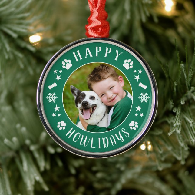 Happy Howlidays Green Custom Dog Foto Ornament Aus Metall (Baum)