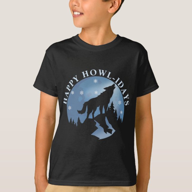 Happy Howlidays mit Howling Wolf und Moon T-Shirt (Vorderseite)