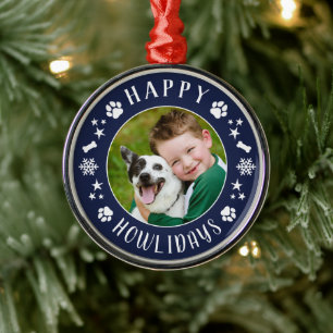 Happy Howlidays Navy Blue Custom Dog Foto Ornament Aus Metall