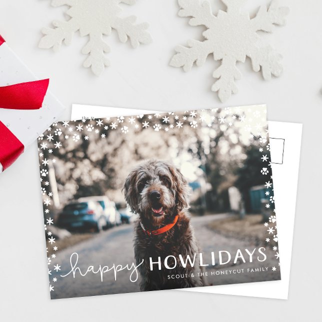 Happy Howlidays Pet Lover Holiday Foto Postkarte (paw print snowflakes happy howlidays funny cute pet dog Christmas card postcard)