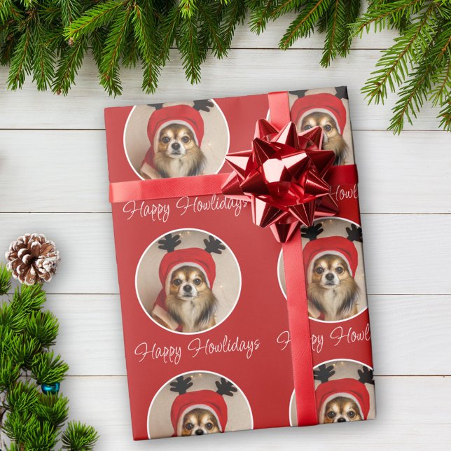 Happy Howlidays Red Dog Pet Foto Geschenkpapier (Von Creator hochgeladen)