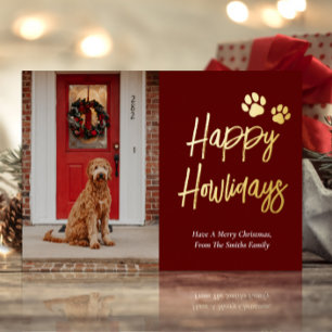 Happy Howlidays Red Gold Calligraphy Pet Foto Folien Feiertagskarte