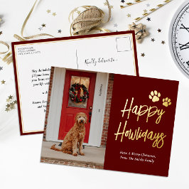 Happy Howlidays Red Gold Calligraphy Pet Foto Folien Feiertagspostkarte