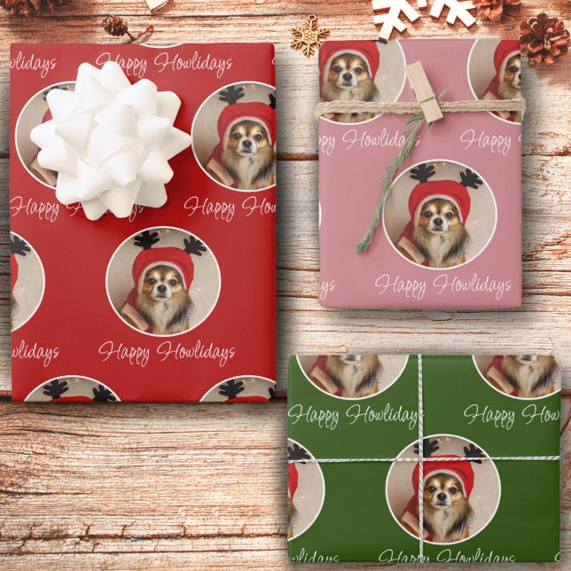 Happy Howlidays Red Green Pink Dog Pet Foto Geschenkpapier Set (Von Creator hochgeladen)