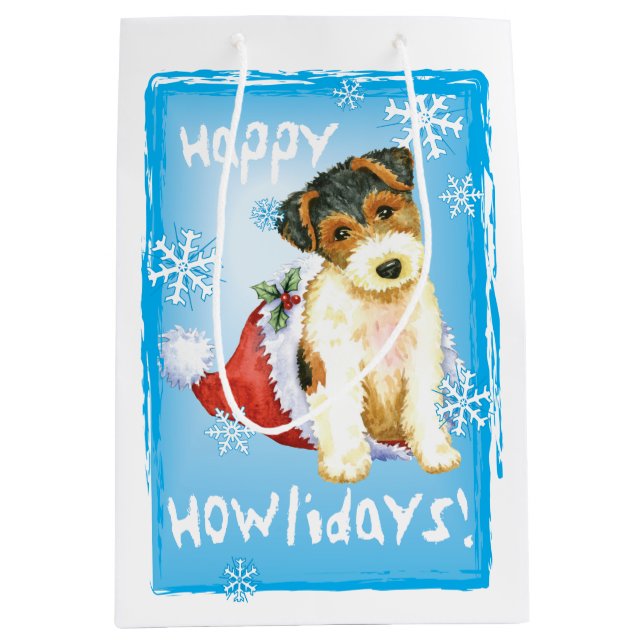 Happy Howlidays Wire Fox Terrier Mittlere Geschenktüte (Vorderseite)
