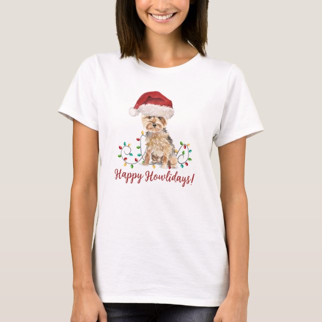 Happy Howlidays Yorkshire Terrier Weihnachtsmannmü T-Shirt (Vorderseite)