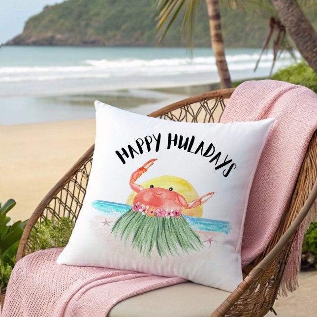 Happy Huladays Crab Tropical Beach Weihnachten Kissen (Von Creator hochgeladen)