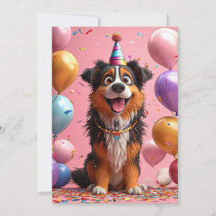 Happy Hund feiert Geburtstag mit Kuchen Einladung