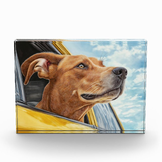Happy Hund in Gelben Auto Art Print Fotoblock (Vorderseite)