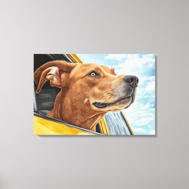 Happy Hund in Gelben Auto Art Print Leinwanddruck (Vorderseite)