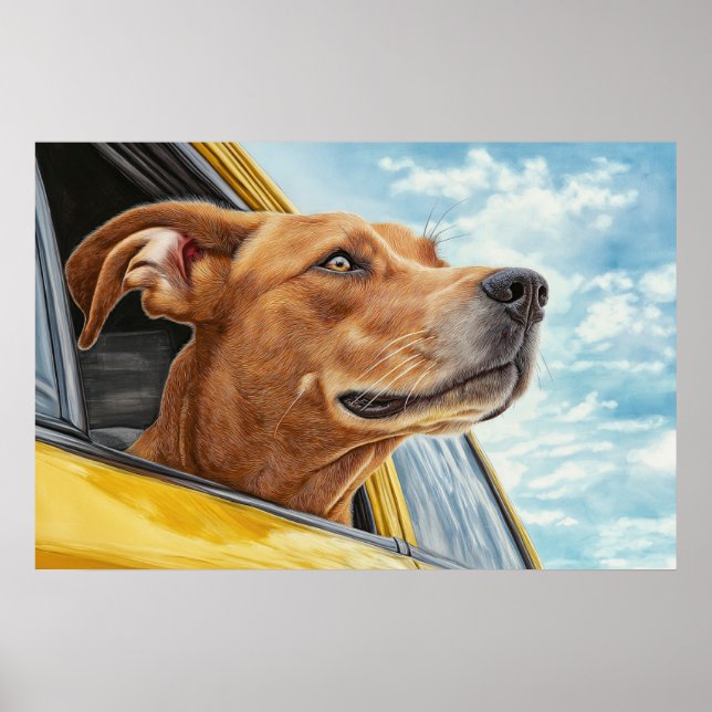 Happy Hund in Gelben Auto Art Print Poster (Vorne)