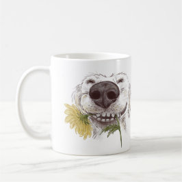Happy Hund ​ mit einem gelben Chrysanthemum in sei Kaffeetasse